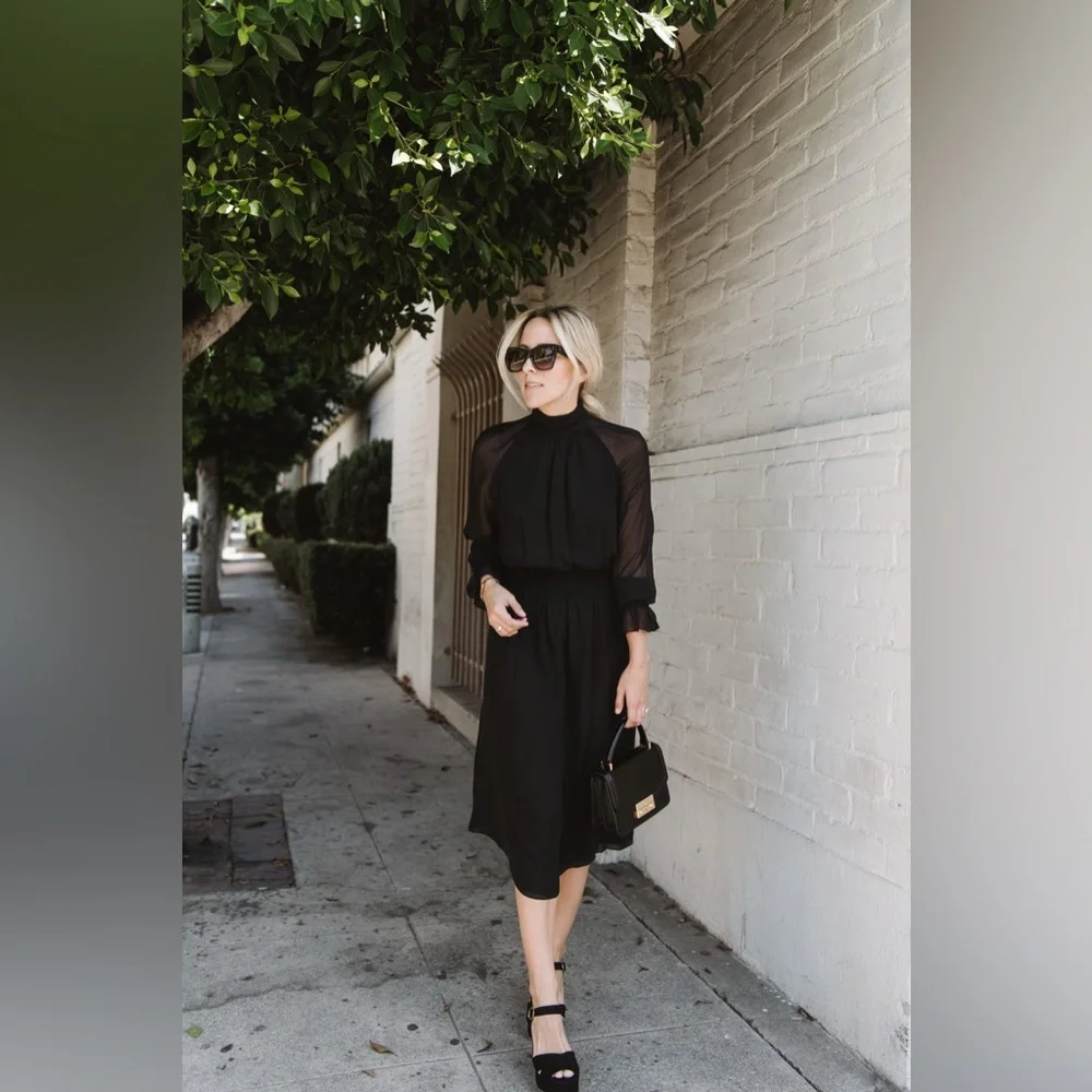 NWT Tory Burch Colette Black Silk Chiffon Sheer Long Sleeve Midi Dress